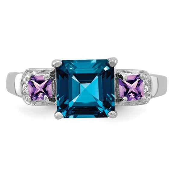 925 Sterling Silver Rhodium London Blue Topaz, Amethyst, Diamond Gemstone Ring - Picture 4 of 8